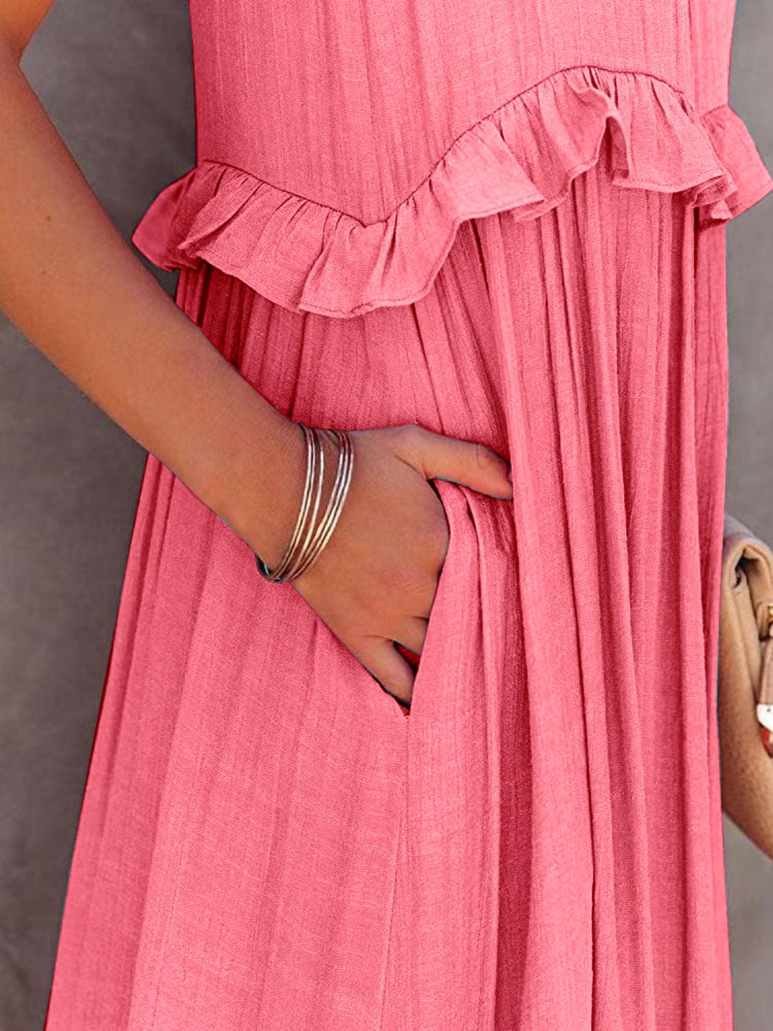 Ruffled Sleeveless Maxi Dress with Pockets - NawdeX