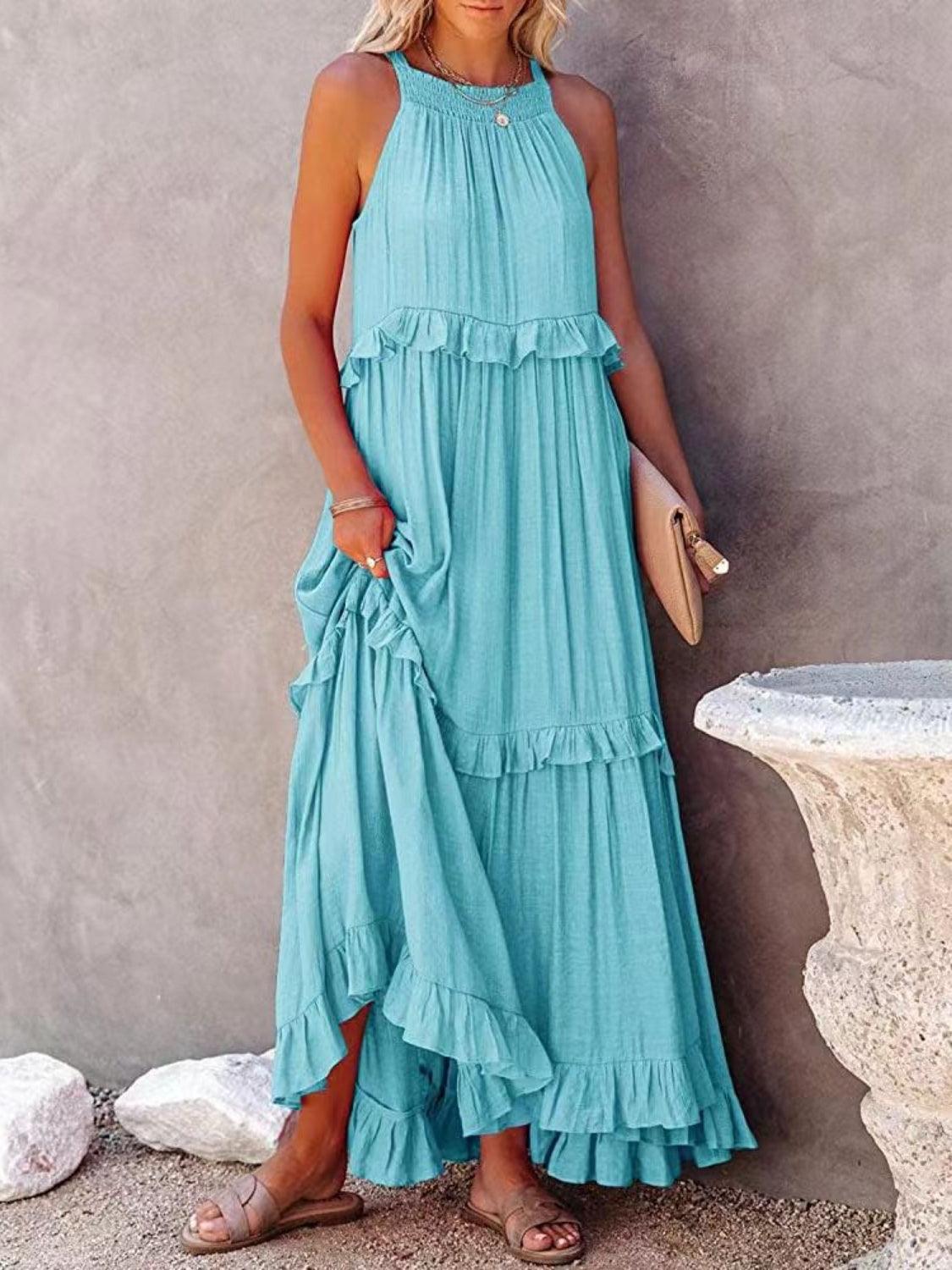 Ruffled Sleeveless Maxi Dress with Pockets - NawdeX