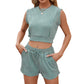 Solid Color Wave Pattern Design Suit For Women Casual Round Neck Sleeveless Top And Drawstring Design Shorts Fashion 2-piece Set Summer Clothing - NawdeX