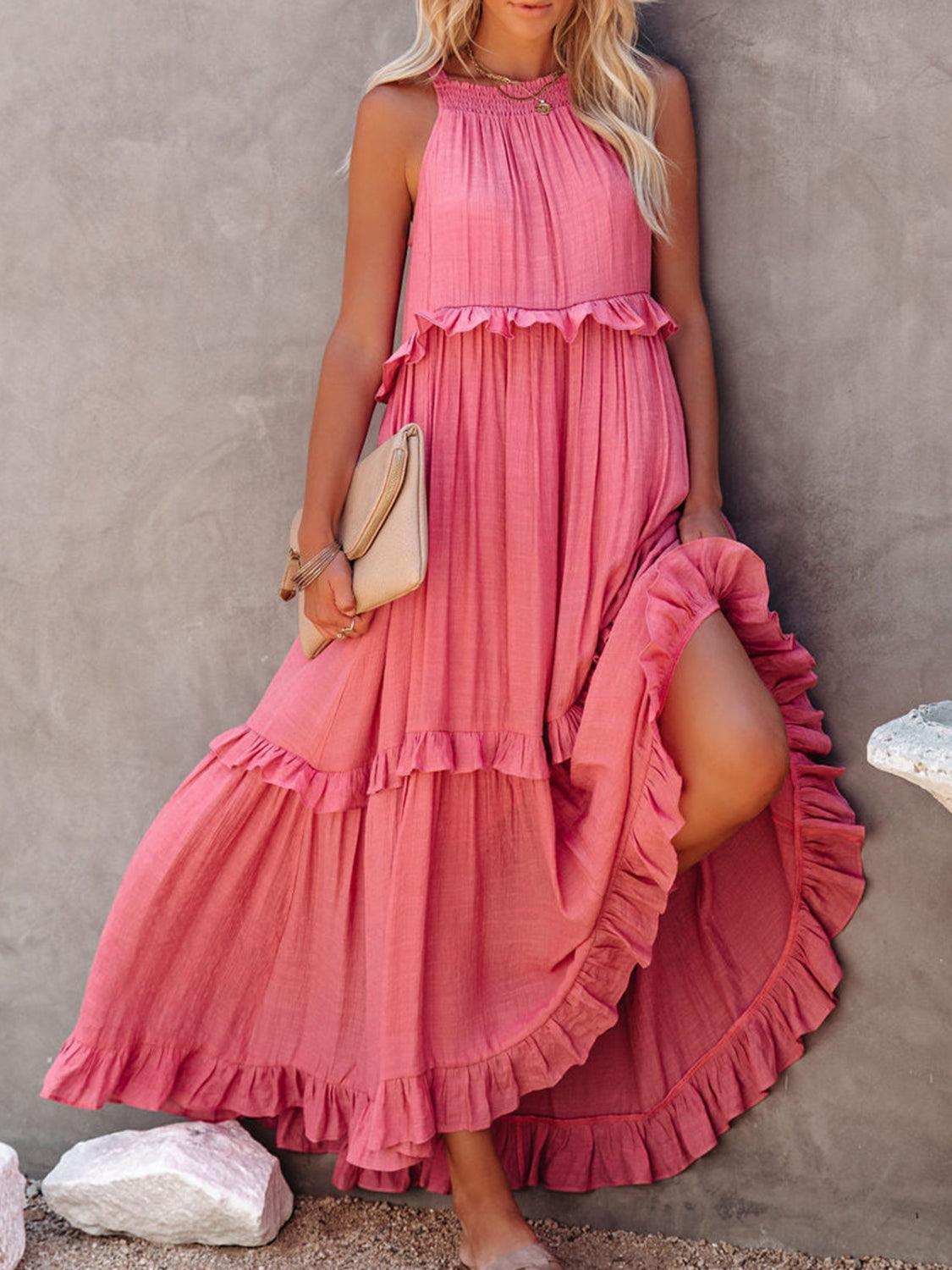 Ruffled Sleeveless Maxi Dress with Pockets - NawdeX