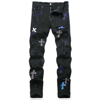 Men's Hole Patch Black Stretch Slim-fitting Jeans - NawdeX