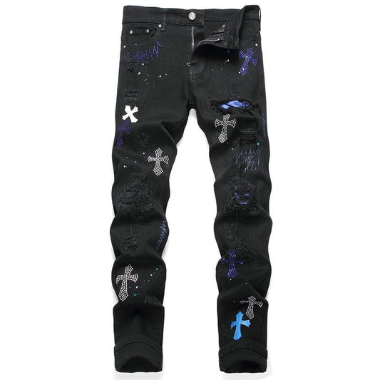 Men's Hole Patch Black Stretch Slim-fitting Jeans - NawdeX