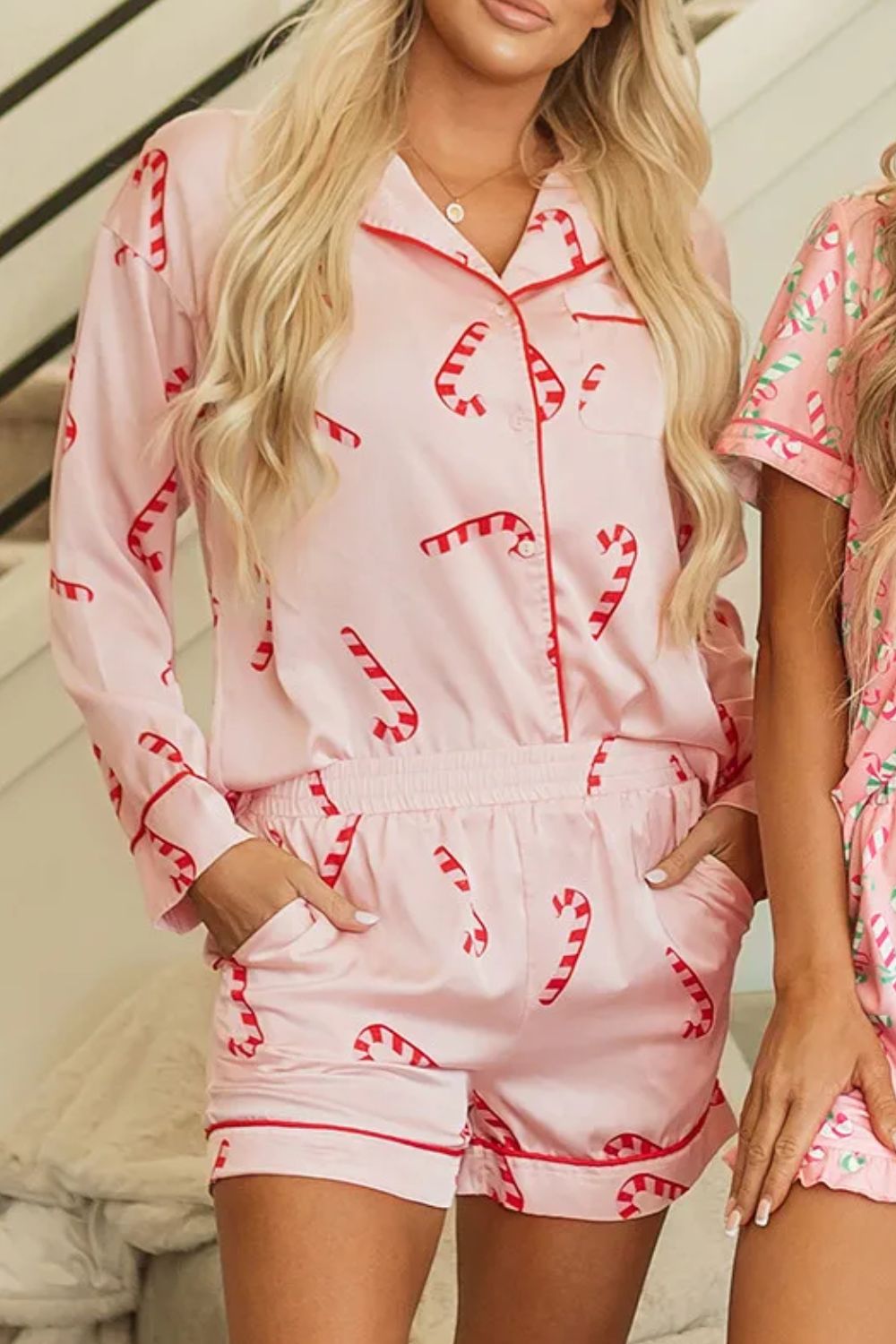 Candy Cane Collared Neck Long Sleeve Top and Shorts Lounge Set - NawdeX