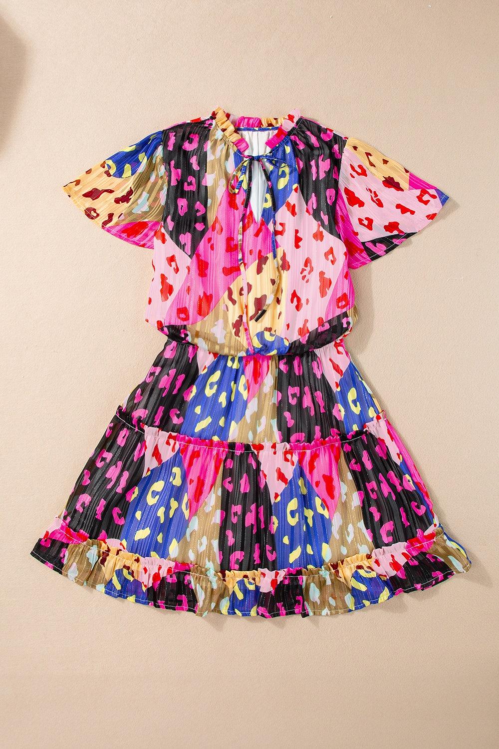 Printed Tie Neck Short Sleeve Mini Dress - NawdeX