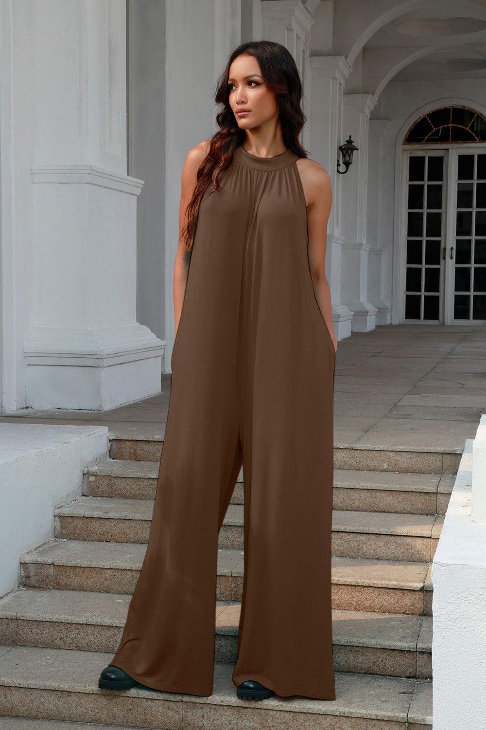 Double Take Full Size Tie Back Cutout Sleeveless Jumpsuit - NawdeX