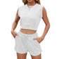 Solid Color Wave Pattern Design Suit For Women Casual Round Neck Sleeveless Top And Drawstring Design Shorts Fashion 2-piece Set Summer Clothing - NawdeX