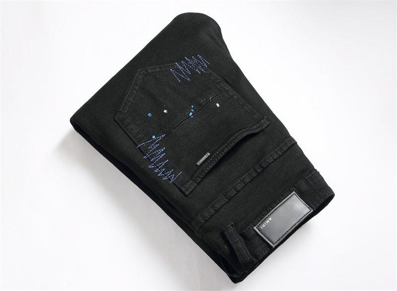 Men's Hole Patch Black Stretch Slim-fitting Jeans - NawdeX