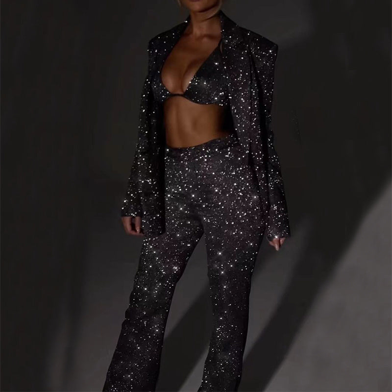 3pcs Shiny Blazer Trousers Set - NawdeX