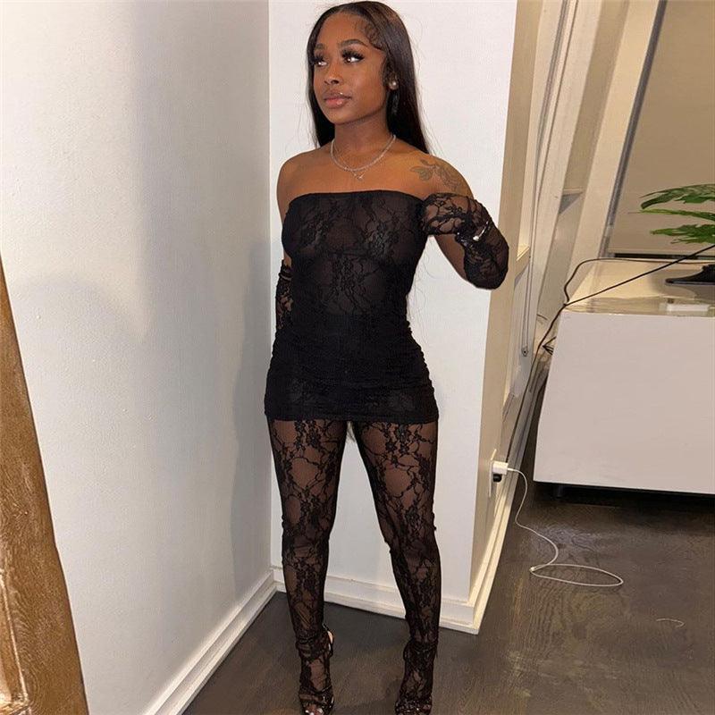 Women's Fashion Lace Tube Top High Waist Tight Body Stocking Long Pants Suit - NawdeX