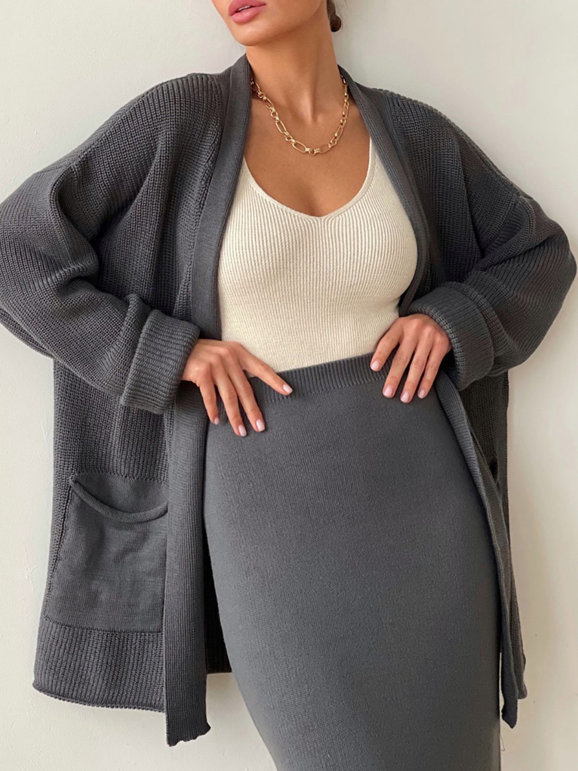 Pocketed Long Sleeve Cardigan and Skirt Sweater Set - NawdeX