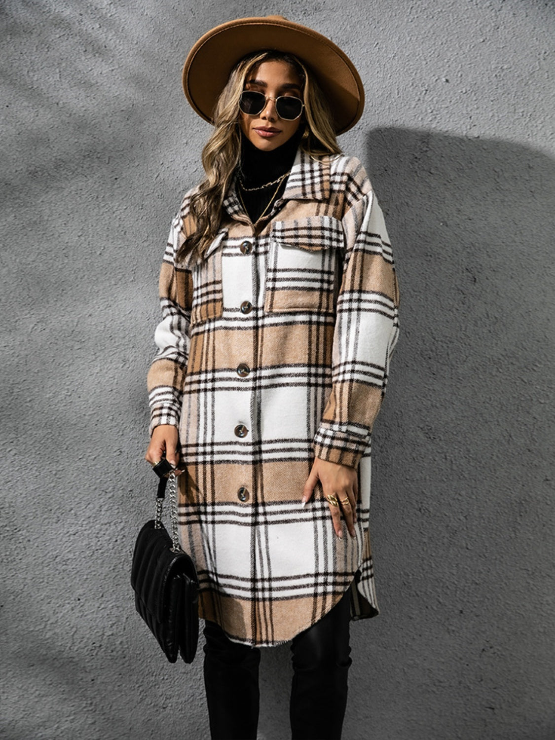 Plaid Collared Neck Long Sleeve Coat - NawdeX
