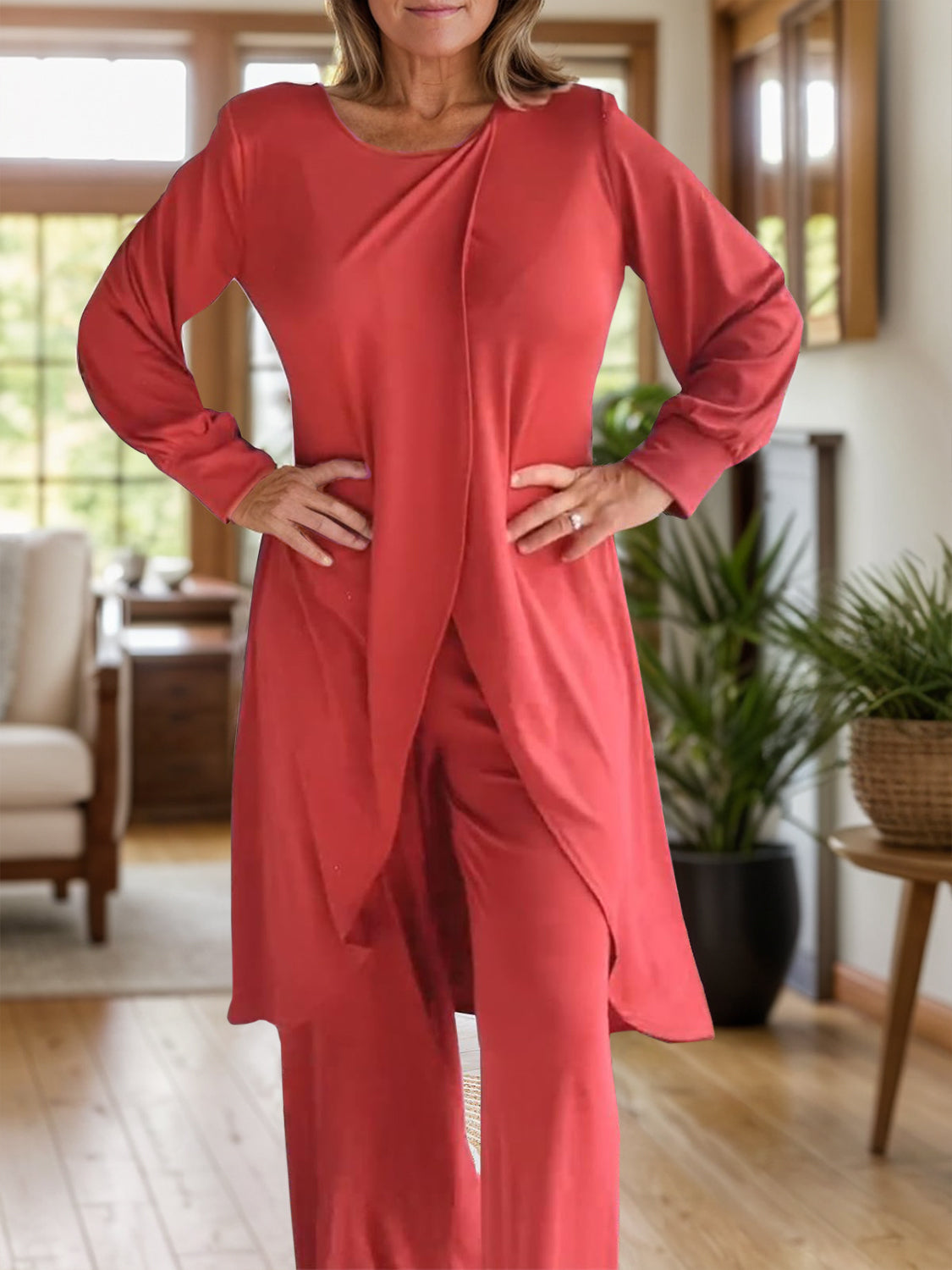 Full Size Slit Round Neck Long Sleeve Top and Pants Set - NawdeX