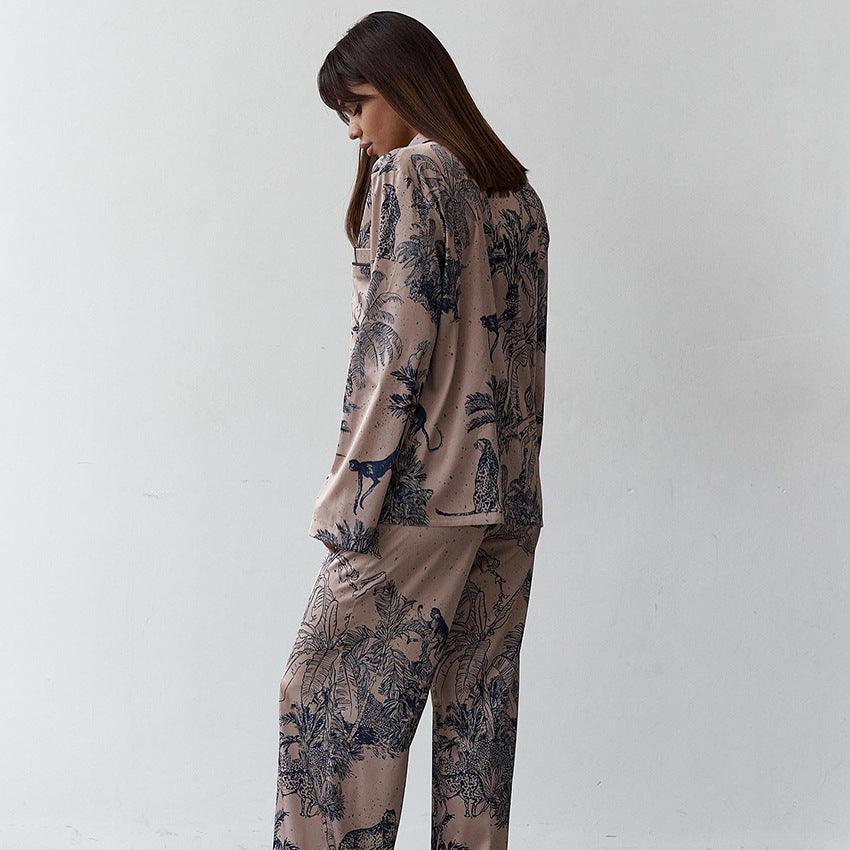 Women's Fashion Satin Printed Cardigan Pajamas Two-piece Set - NawdeX