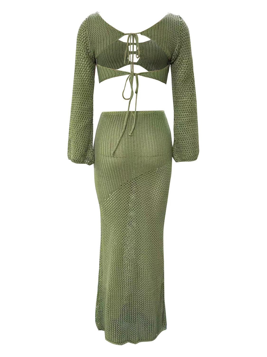 Tied Long Sleeve Top and Skirt Cover Up Set - NawdeX