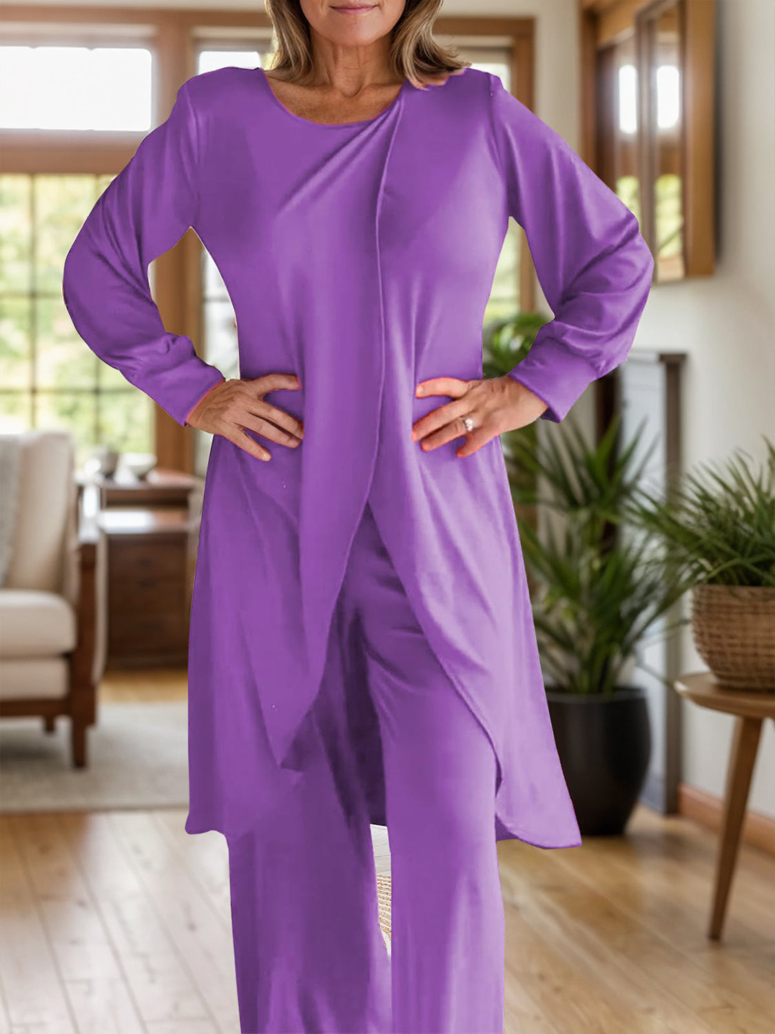 Full Size Slit Round Neck Long Sleeve Top and Pants Set - NawdeX