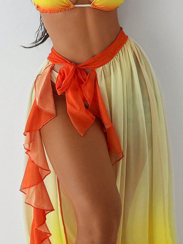 Gradient Sunset bikini with ruffled hem Skirt