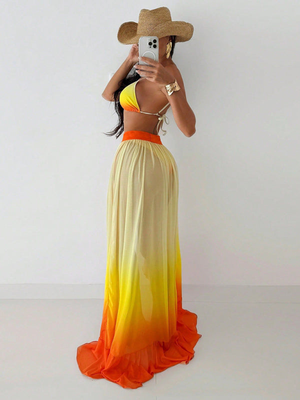 Gradient Sunset bikini with ruffled hem Skirt