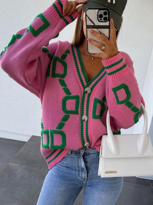 Geometric Dropped Shoulder Button Down Cardigan - NawdeX