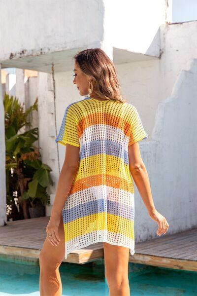 Openwork Striped V-Neck Short Sleeve Cover Up - NawdeX