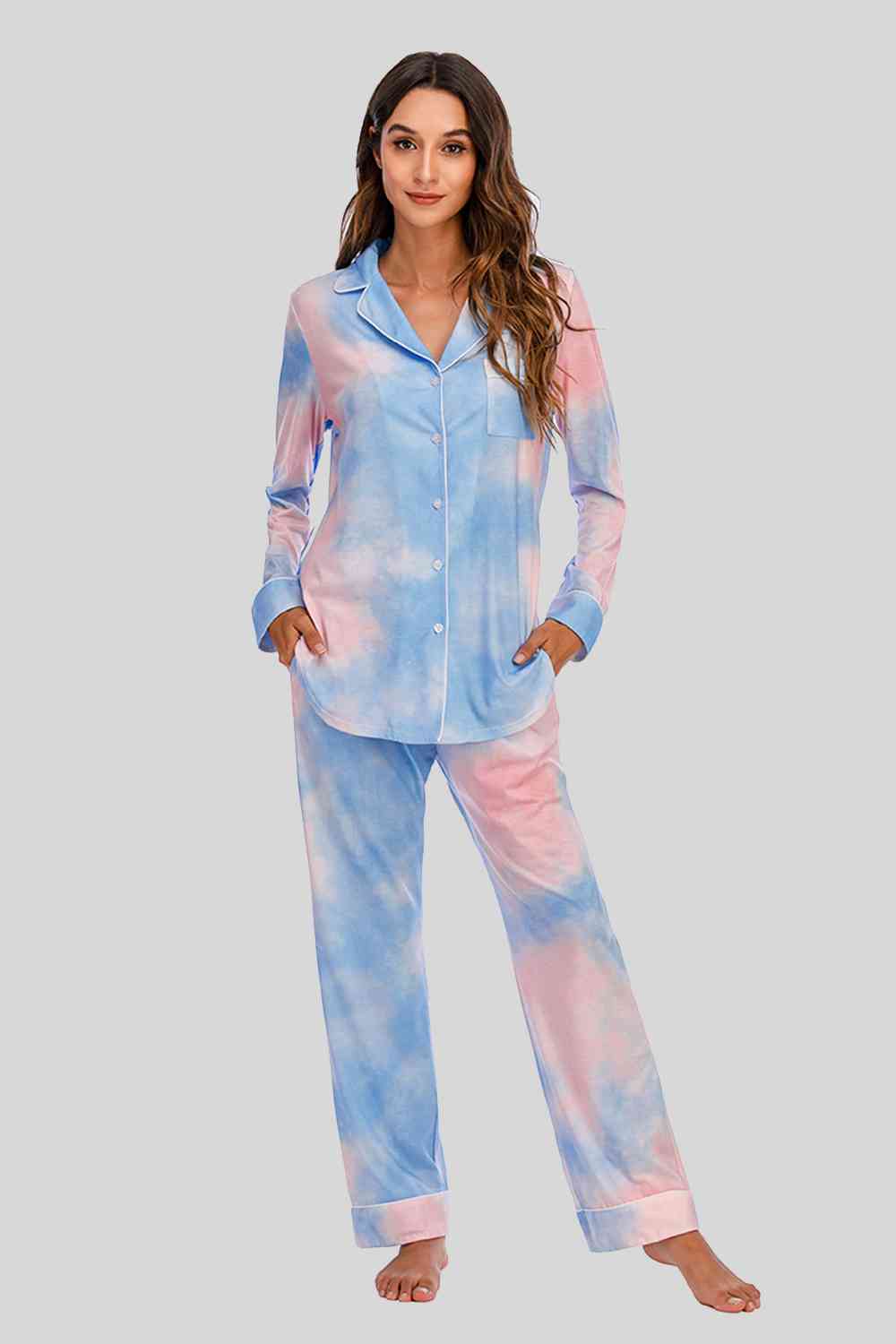 Collared Neck Long Sleeve Loungewear Set with Pockets - NawdeX