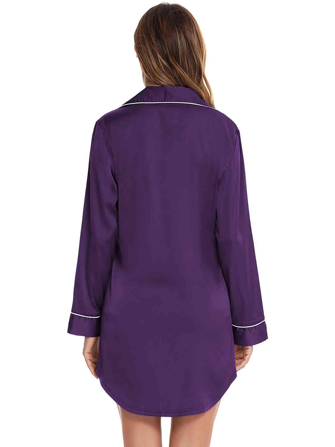 Button Up Lapel Collar Night Dress with Pocket - NawdeX