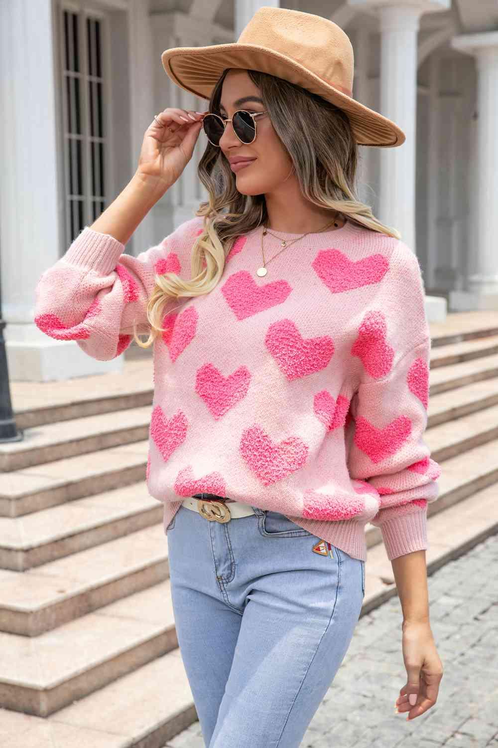 Round Neck Dropped Shoulder Sweater with Heart Pattern - NawdeX