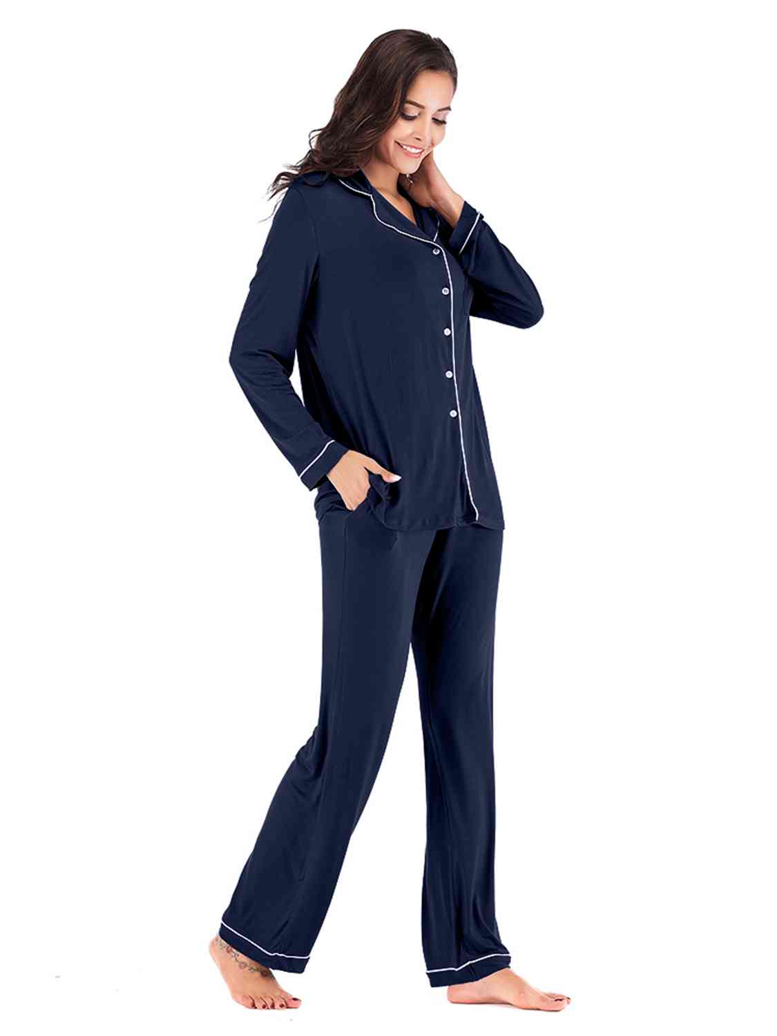 Collared Neck Long Sleeve Loungewear Set with Pockets - NawdeX