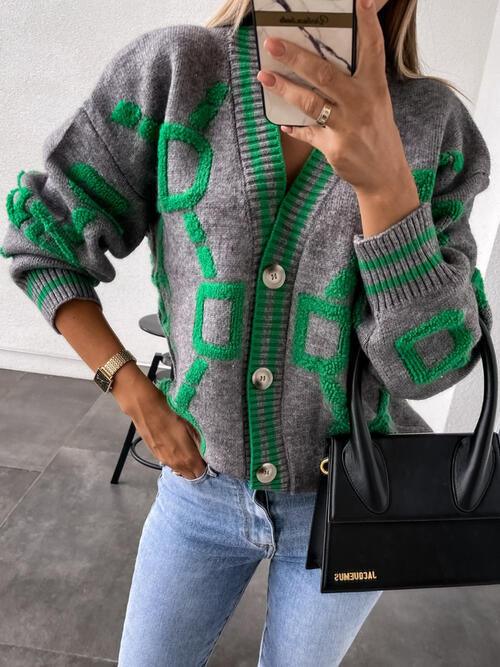 Geometric Dropped Shoulder Button Down Cardigan - NawdeX