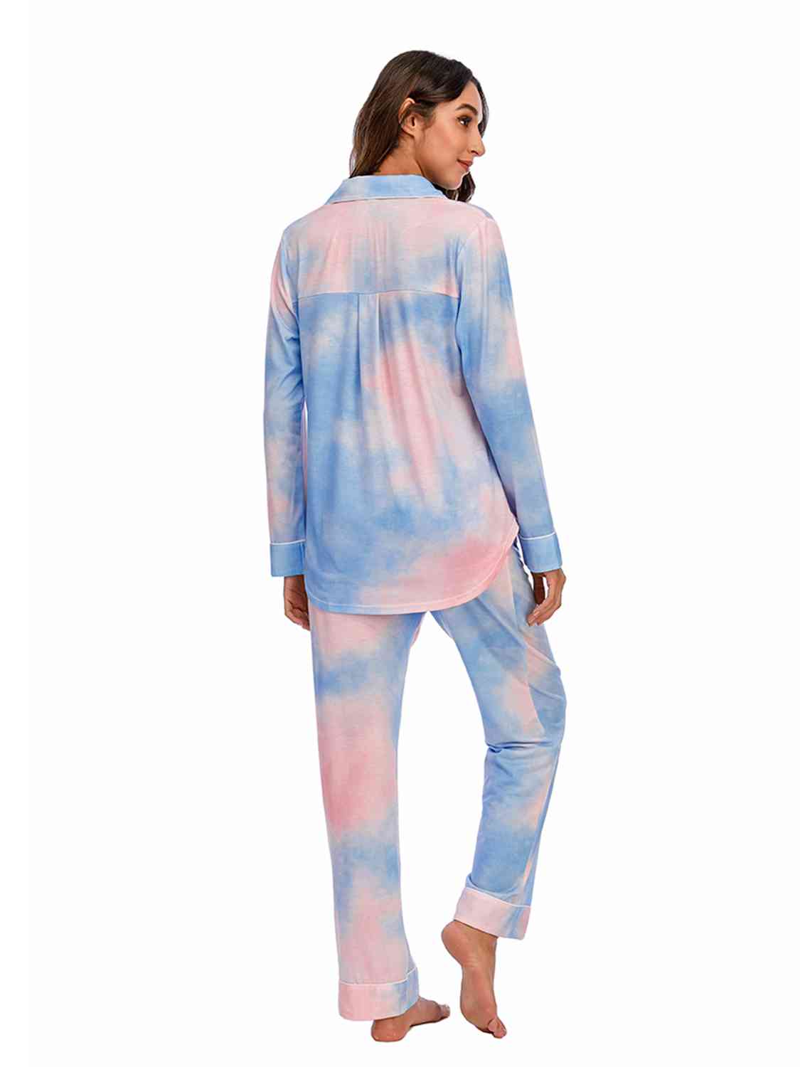 Collared Neck Long Sleeve Loungewear Set with Pockets - NawdeX