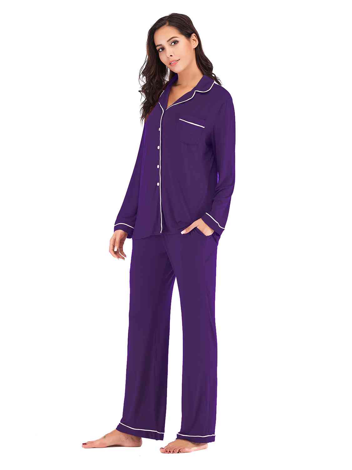 Collared Neck Long Sleeve Loungewear Set with Pockets - NawdeX