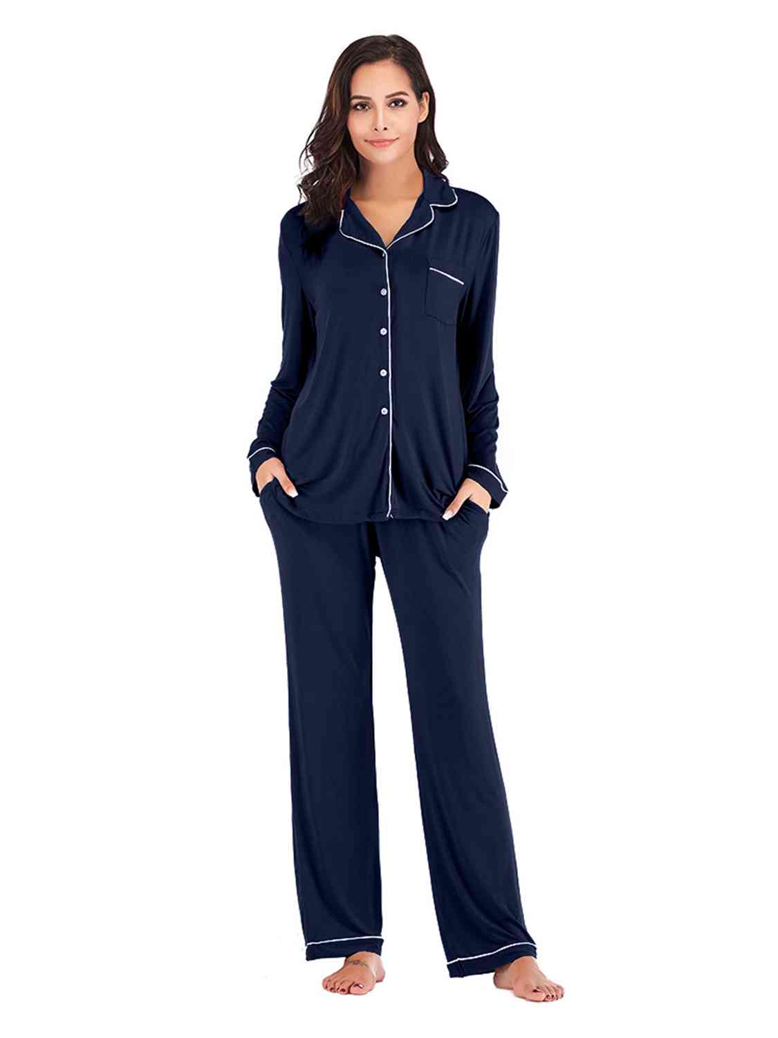 Collared Neck Long Sleeve Loungewear Set with Pockets - NawdeX