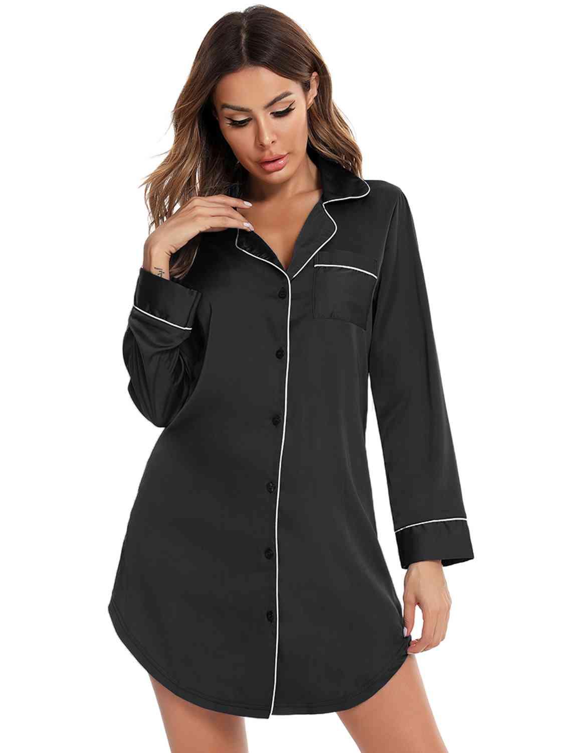 Button Up Lapel Collar Night Dress with Pocket - NawdeX