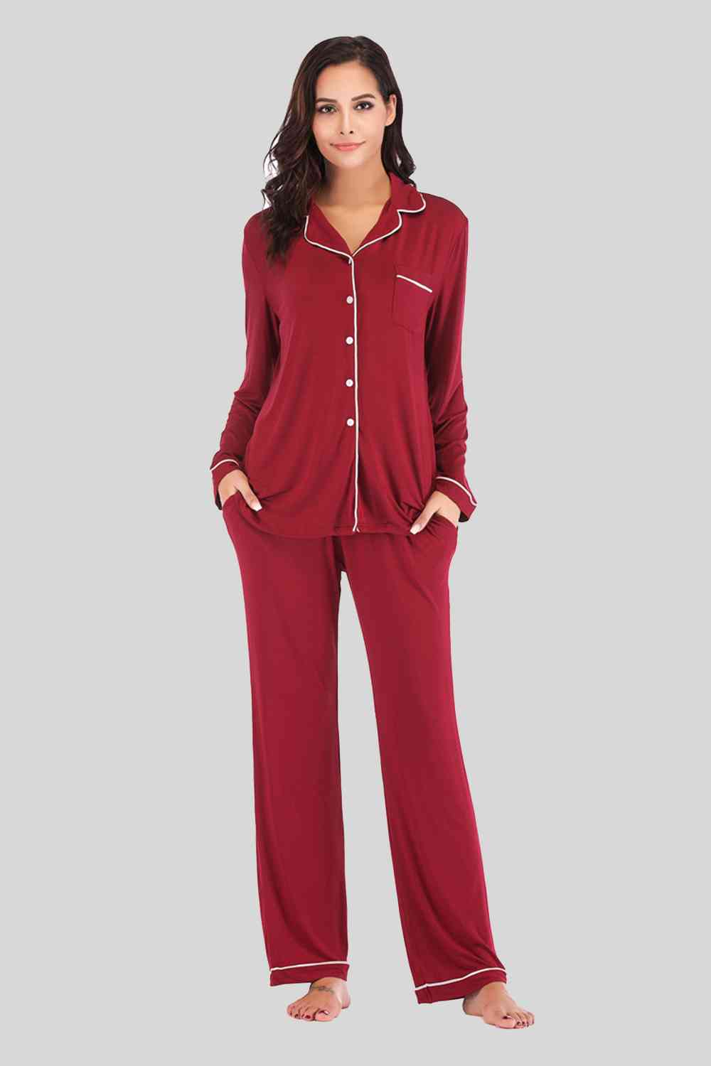 Collared Neck Long Sleeve Loungewear Set with Pockets - NawdeX