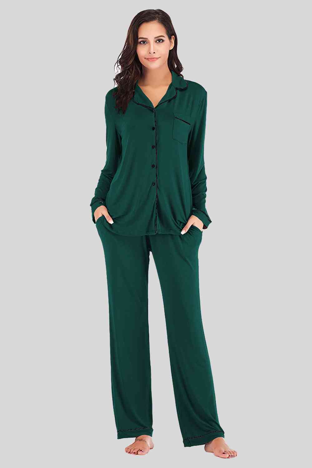 Collared Neck Long Sleeve Loungewear Set with Pockets - NawdeX