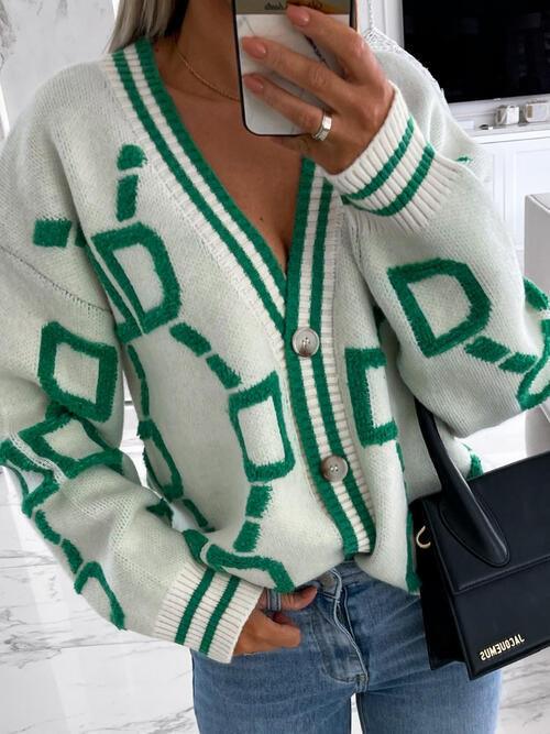 Geometric Dropped Shoulder Button Down Cardigan - NawdeX
