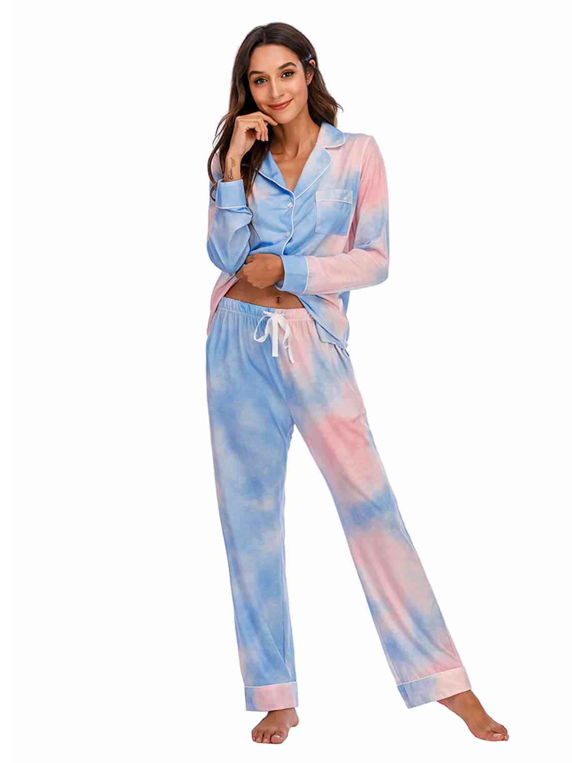 Collared Neck Long Sleeve Loungewear Set with Pockets - NawdeX