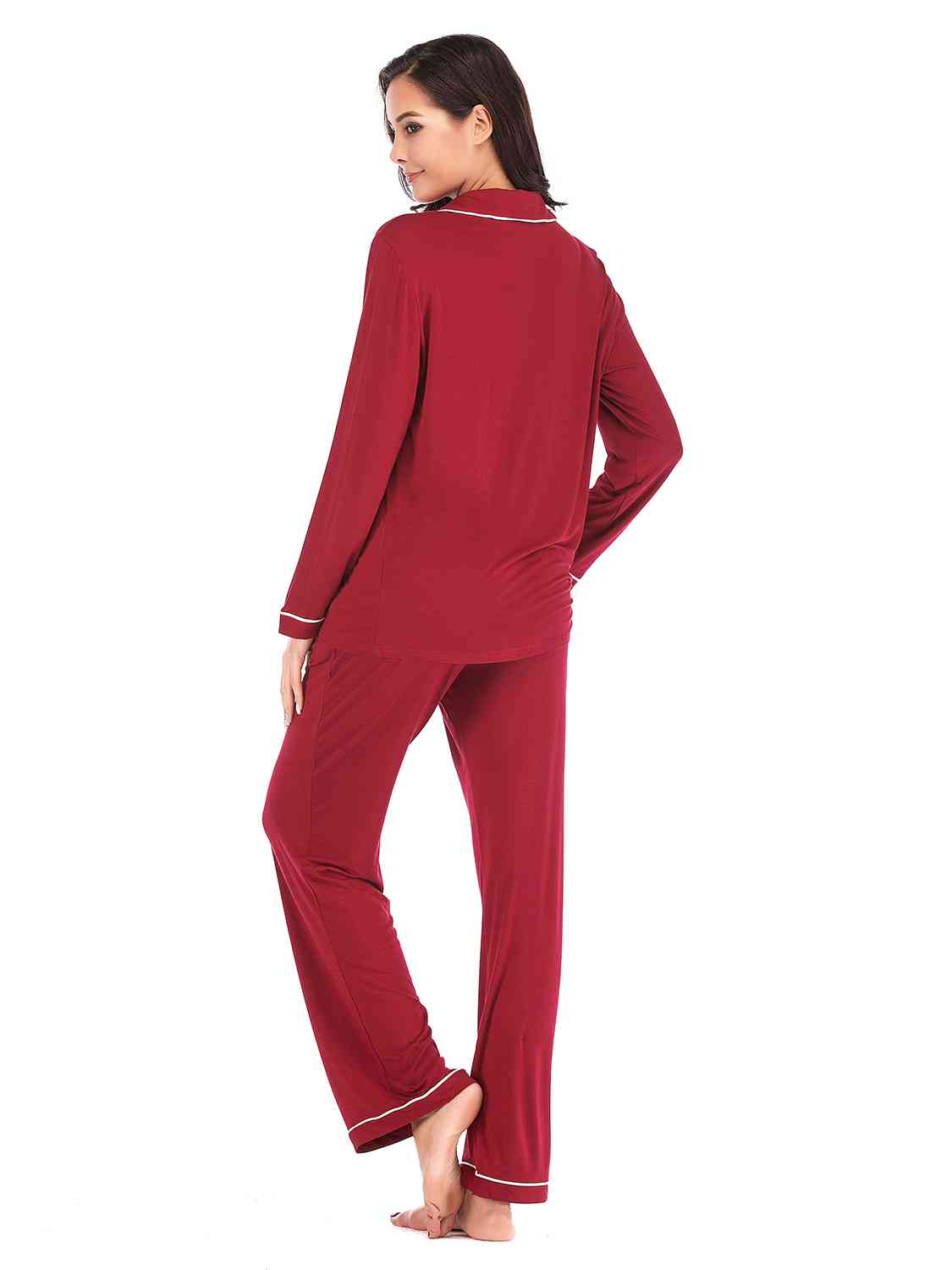 Collared Neck Long Sleeve Loungewear Set with Pockets - NawdeX