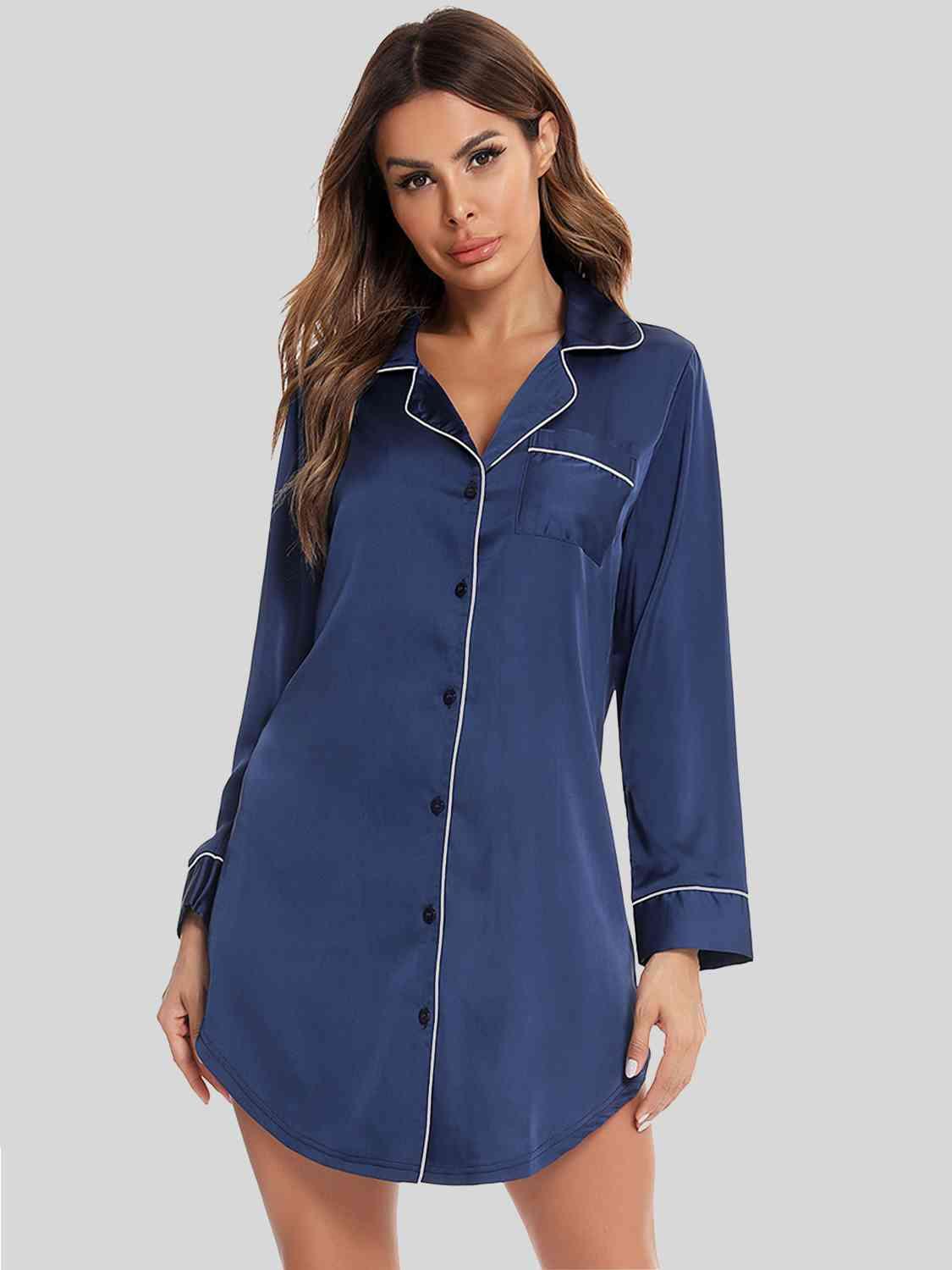 Button Up Lapel Collar Night Dress with Pocket - NawdeX
