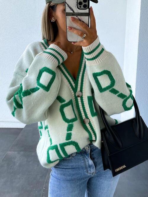Geometric Dropped Shoulder Button Down Cardigan - NawdeX