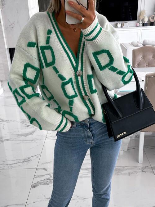 Geometric Dropped Shoulder Button Down Cardigan - NawdeX
