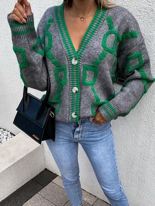Geometric Dropped Shoulder Button Down Cardigan - NawdeX