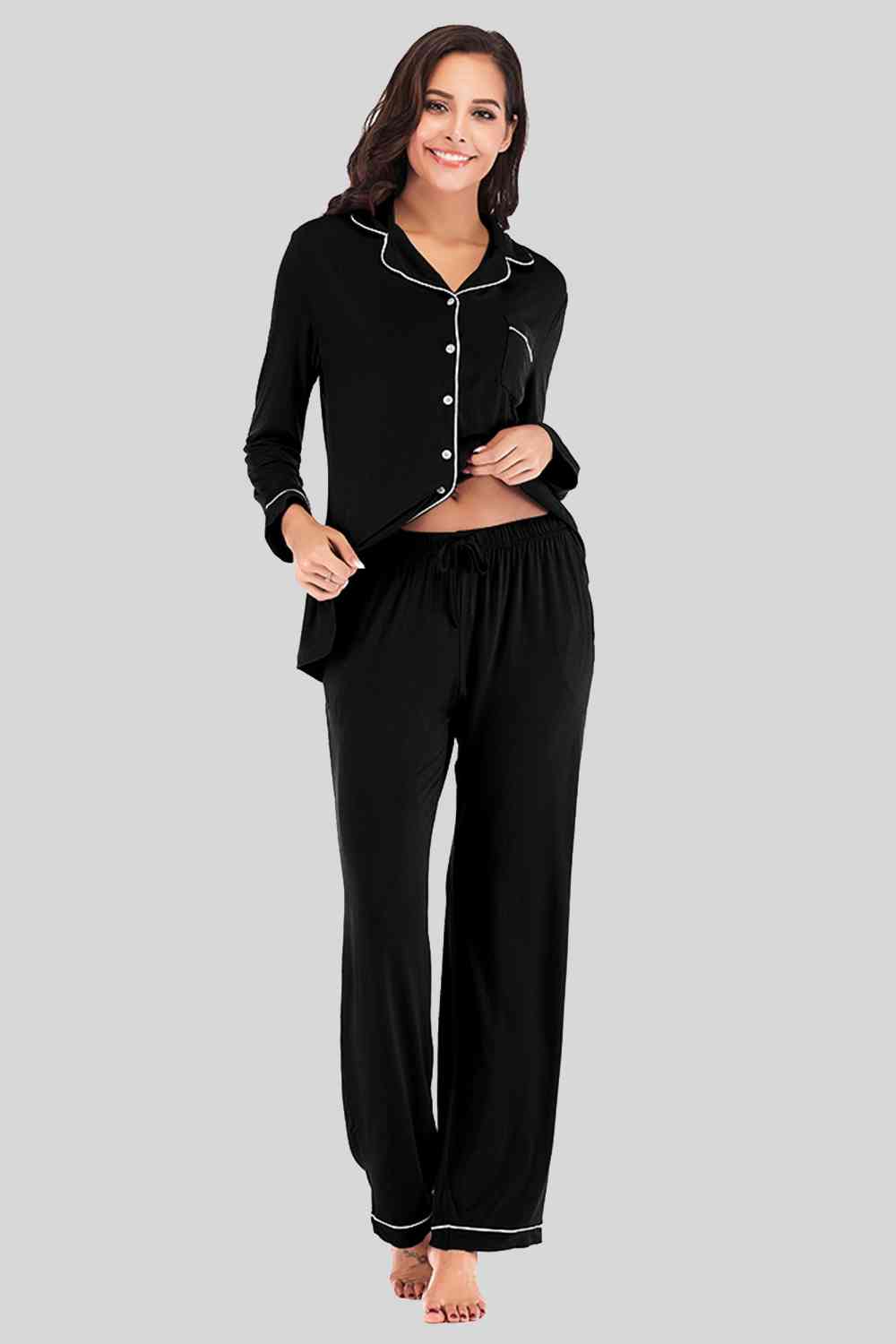 Collared Neck Long Sleeve Loungewear Set with Pockets - NawdeX