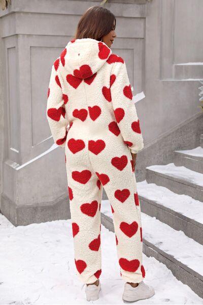 Fuzzy Heart Zip Up Hooded Lounge Jumpsuit - NawdeX