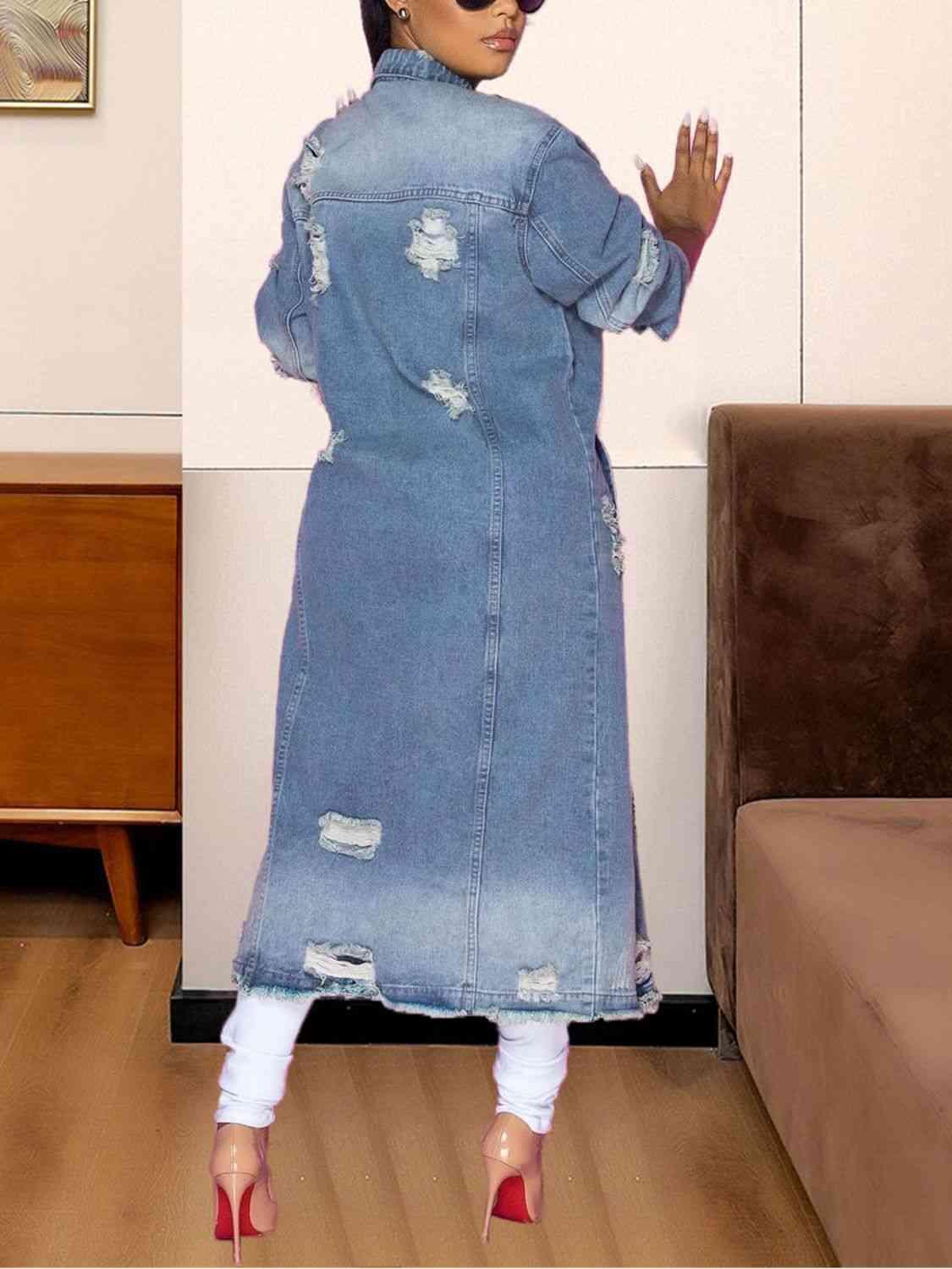 Long Sleeve Raw Hem Denim Jacket - NawdeX