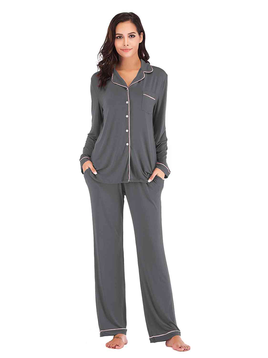 Collared Neck Long Sleeve Loungewear Set with Pockets - NawdeX