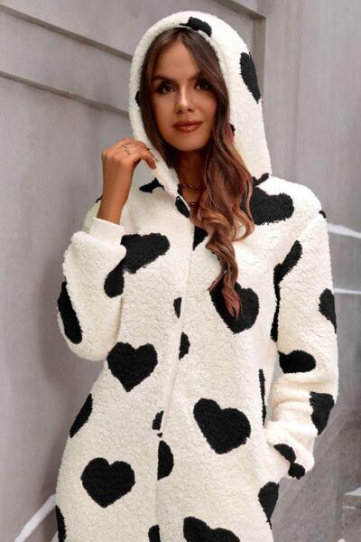 Fuzzy Heart Zip Up Hooded Lounge Jumpsuit - NawdeX