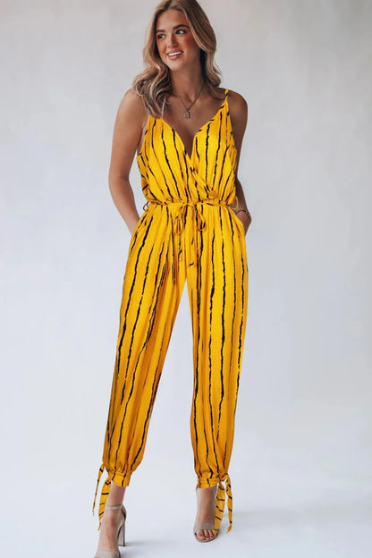Striped Contrast Tie Ankle Spaghetti Strap Jumpsuit - NawdeX