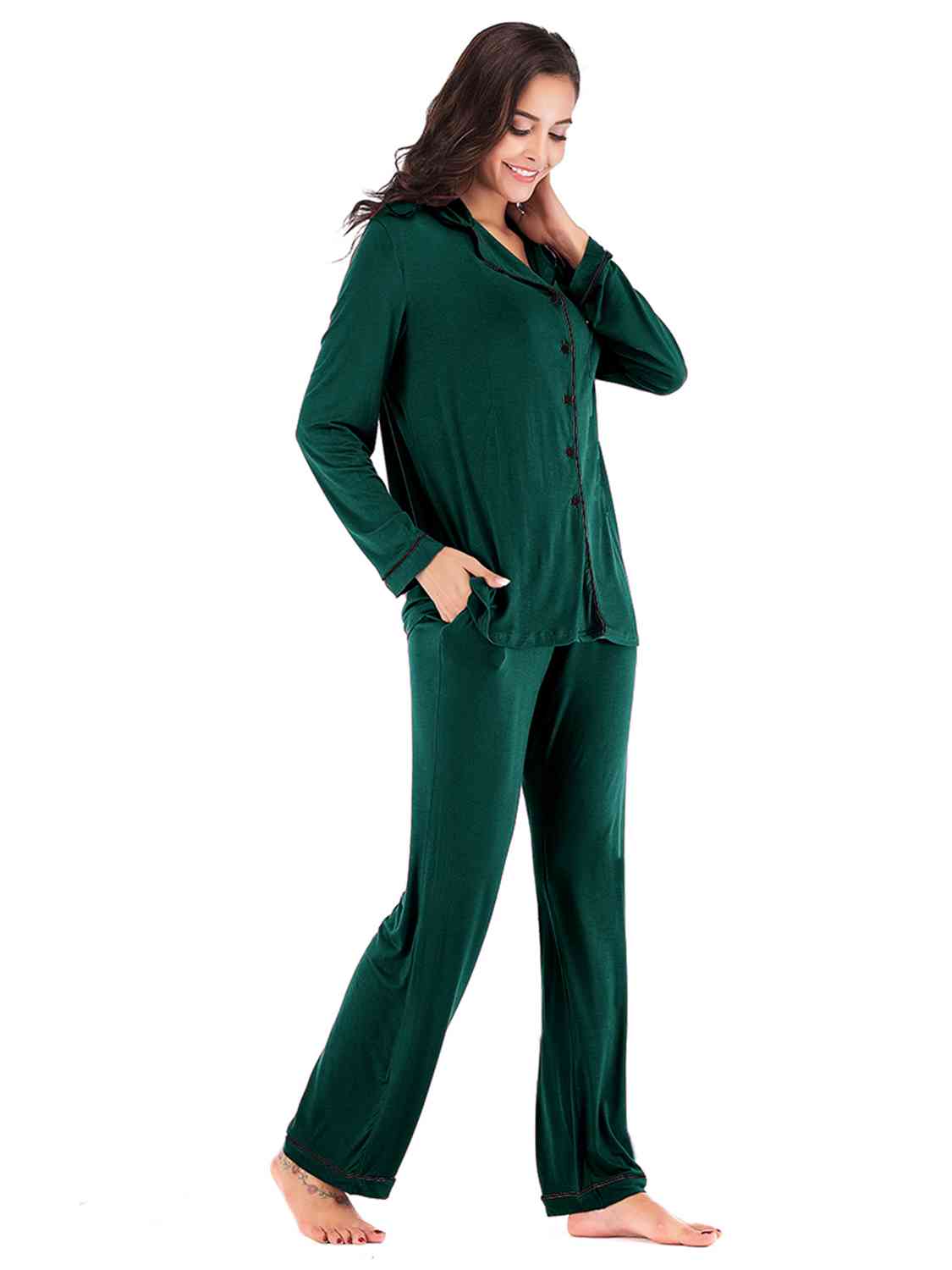 Collared Neck Long Sleeve Loungewear Set with Pockets - NawdeX