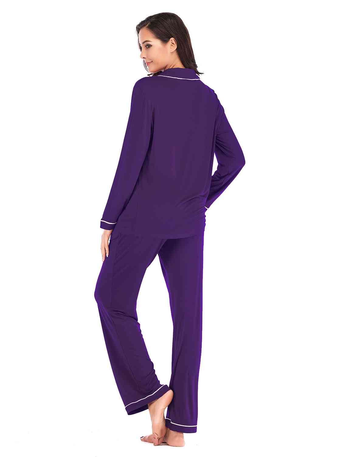 Collared Neck Long Sleeve Loungewear Set with Pockets - NawdeX