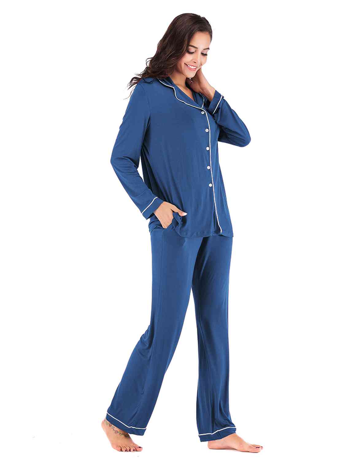 Collared Neck Long Sleeve Loungewear Set with Pockets - NawdeX